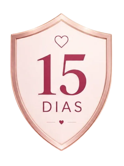 Escudo rosa e dourado com a inscrição 15 dias, símbolo da garantia do método
